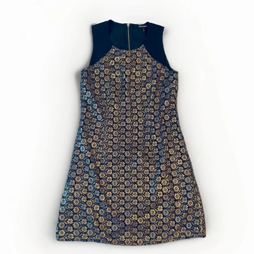 Juicy Couture Gold Overlay Embroidered Black Dress Size 4 - Picture 2 of 12
